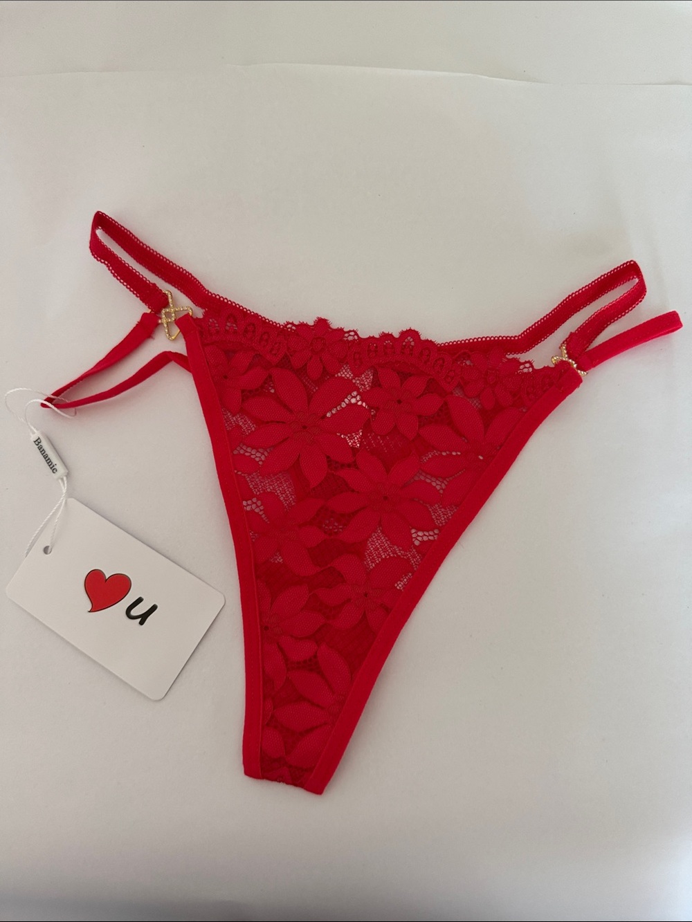 Red Lace Floral Thong Panty - Women